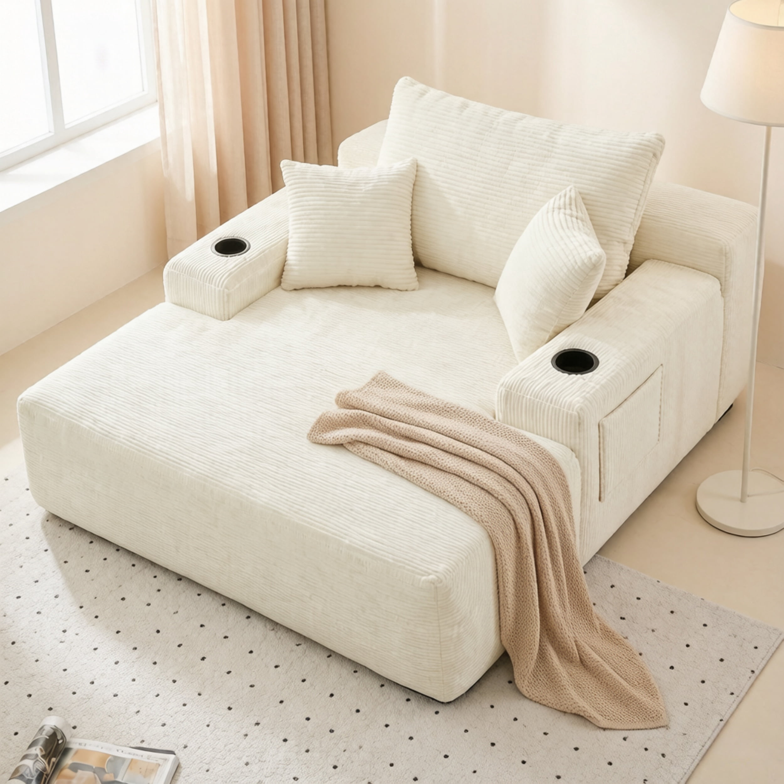 47.2'' No Assembly Compressed Sofa Chair, Deep Seat Chaise Lounge with Cup Holder & Storage Pocket, Boneless Sleeper Sofa Bed Armchair