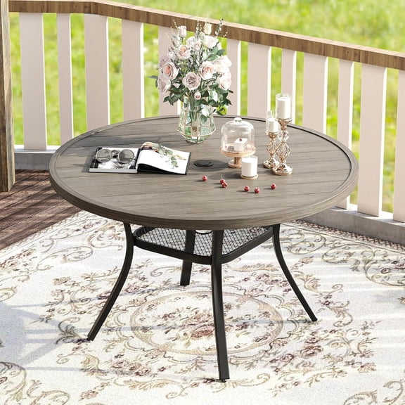 47.2" Outdoor Round Patio Table for Lawn Garden, All Weather Metal Round Outdoor Dining Table with Adjustable Umbrella Hole, 6 Person Patio Table, Grey Wood-Like Tabletop