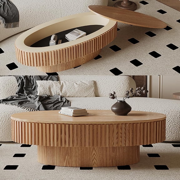YWEN 47.2" Oval Coffee Table with Storage, Modern Drum Center Table with Solid Wood Veneered, Accent Side Tea Table for Living Room Apartment