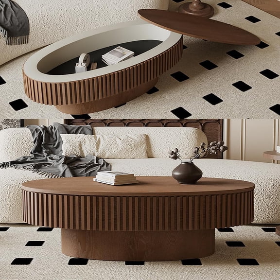 YWEN 47.2" Oval Coffee Table with Storage, Modern Drum Center Table with Solid Wood Veneered, Accent Side Tea Table for Living Room Apartment