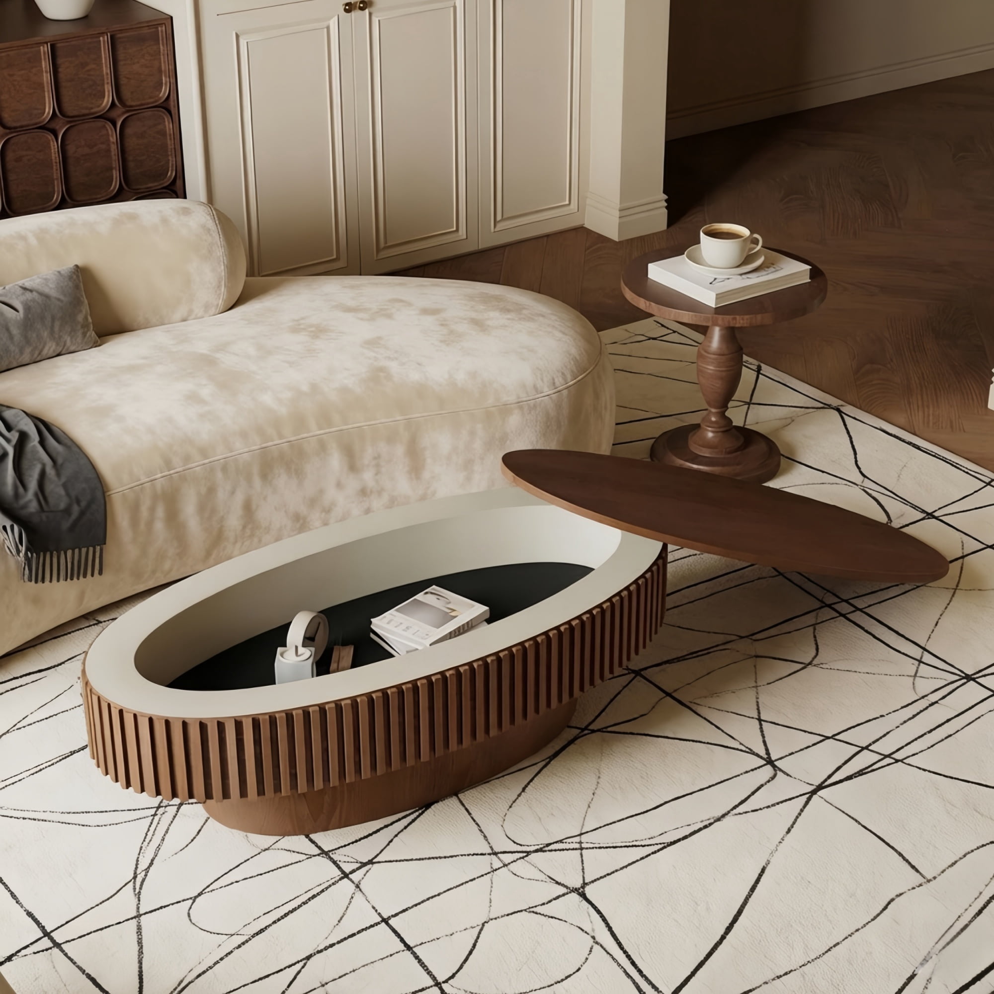 47.2'' Oval Coffee Table with Removable Lid & Hidden Storage, Solid Wood Veneered End Table, Fluted Accent Cocktail Table