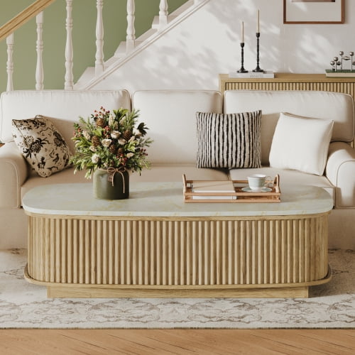 47.2" Oval Fluted Lift Top Coffee Table, Gas Spring Lift Tabletop Dining Table with Hidden Compartment & Open Storage Shelf, for Living Room, Home Office, Oak