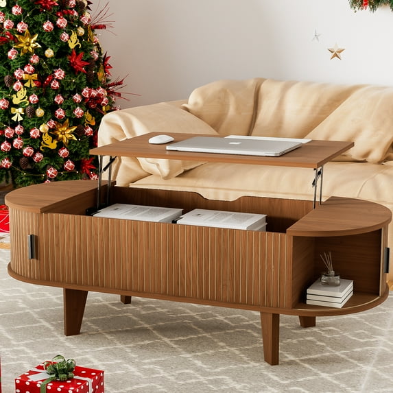 47.2" Oval Lift-Top Coffee Table with Storage, Fluted Tambour Door, Walnut