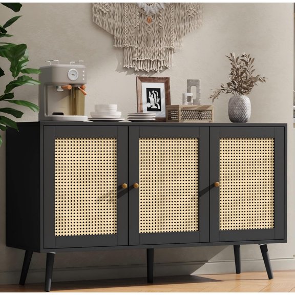 47.2" Rattan Sideboard Buffet Cabinet with 3 Doors,Boho Sideboard Buffet Cabinet with Adjustable Shelves, Black Console Table for Living Room, Dining Room, Entryway, Coffee Bar