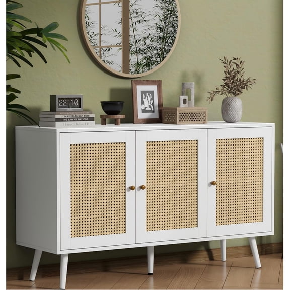 47.2" Rattan Sideboard Buffet Cabinet with 3 Doors,Boho Sideboard Buffet Cabinet with Adjustable Shelves, White Console Table for Living Room, Dining Room, Entryway, Coffee Bar