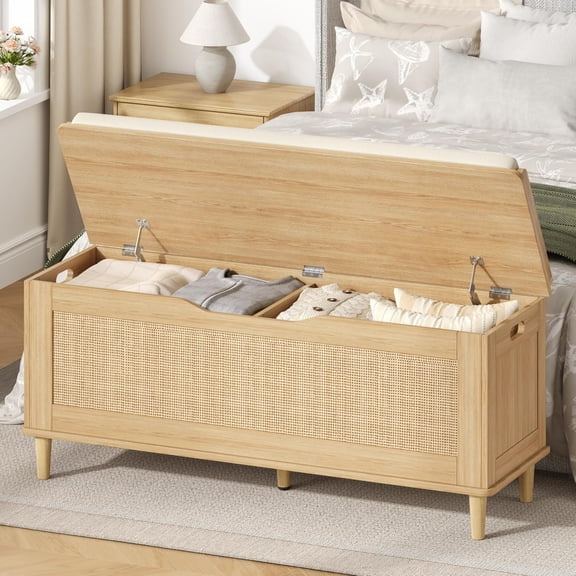 47.2" Rattan Storage Chest with Padded Seat Cushion, Extra Large Storage Bench with 2 Safety Hinges, Storage Trunk with Solid Wood Legs & Rounded Corners for Entryway, Bedroom, Natural Oak