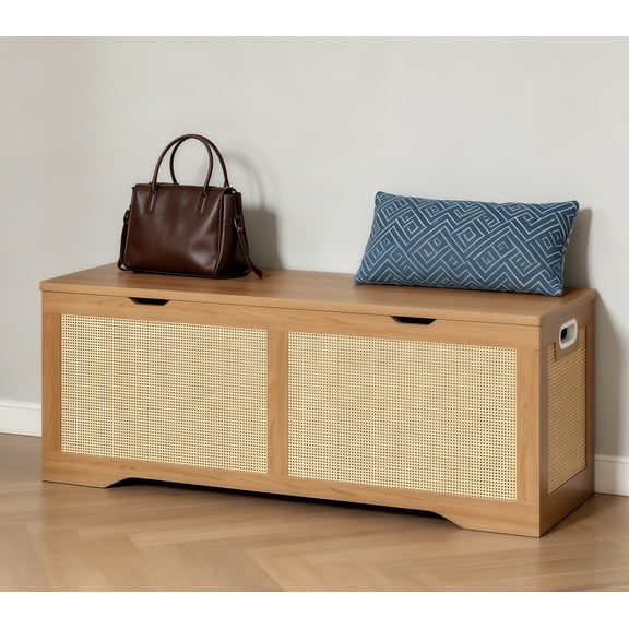 47.2" Rattan Storage Ottoman Bench Chest, End of Bed Bench, Storage Chest, Extra Large Entryway Trunk Toy Box for Bedroom, Living Room, Rustic Wood