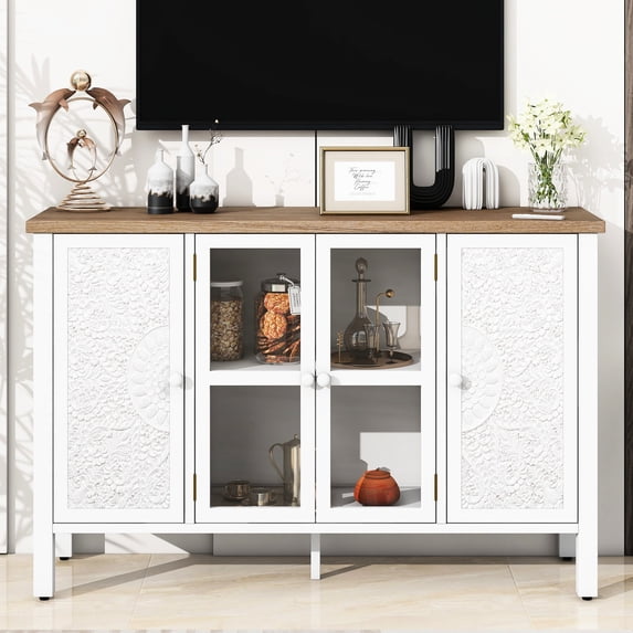 47.2'' Retro TV Stand with Glass Door Cabinet / 3 Cabinets, Anti-tip Feature for Living Room Use