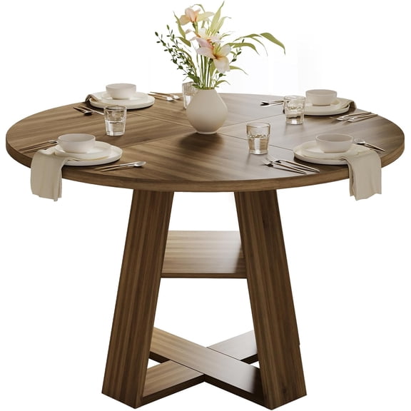 47.2" Round Dining Table for 4-6, Circle Kitchen Table with Open Storage Shelf, Farmhouse Dinner Table with Cross Pedestal Base for Dining Room, Kitchen, Living Room, Walnut