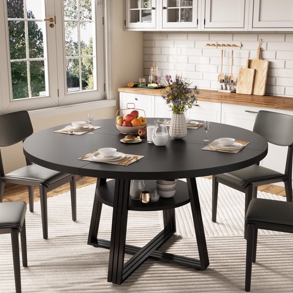 47.2" Round Dining Table for 4-6, Farmhouse Kitchen Table with Storage Shelf, Modern Circle Dinner Table with Black Metal Legs for Dining Room, Apartment, Black