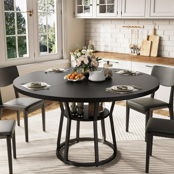 47.2" Round Dining Table for 4-6, Farmhouse Kitchen Table with Storage Shelf, Modern Wood and Metal Circle Table for Dining Room, Black