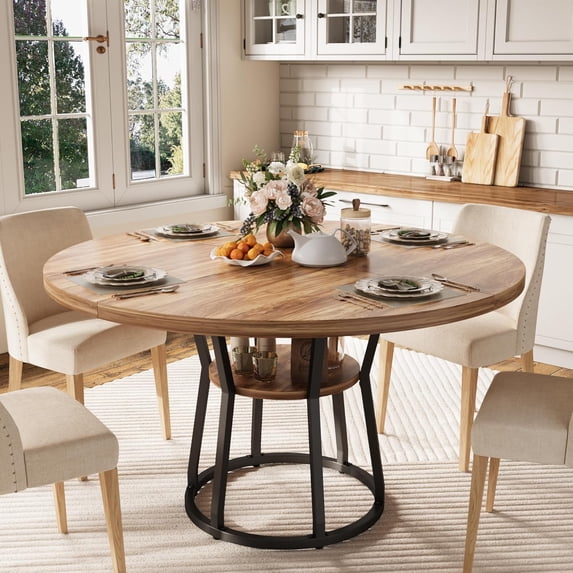 47.2" Round Dining Table for 4-6, Farmhouse Kitchen Table with Storage Shelf, Modern Wood and Metal Circle Table for Dining Room, Natural