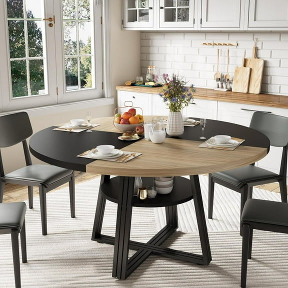 47.2" Round Dining Table for 4-6, Farmhouse Kitchen Table with Storage Shelf, Sturdy Metal Legs, Space-Saving Circle Table, Natural & Black