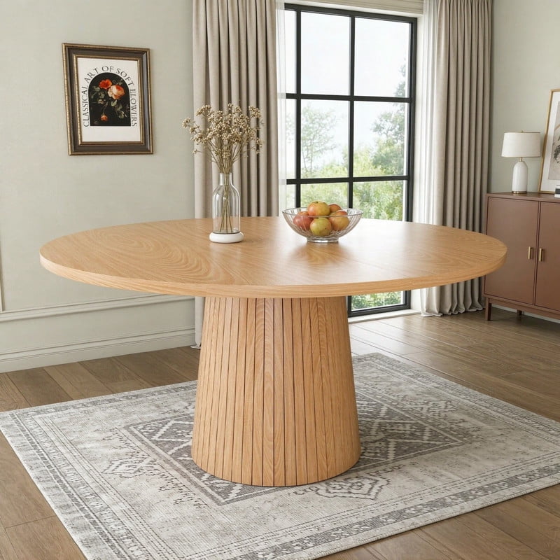 47.2'' Round Large Dining Table for 4, Accent Kitchen Dinner Table with Striped Base, Wood Side Table with Metal Frame