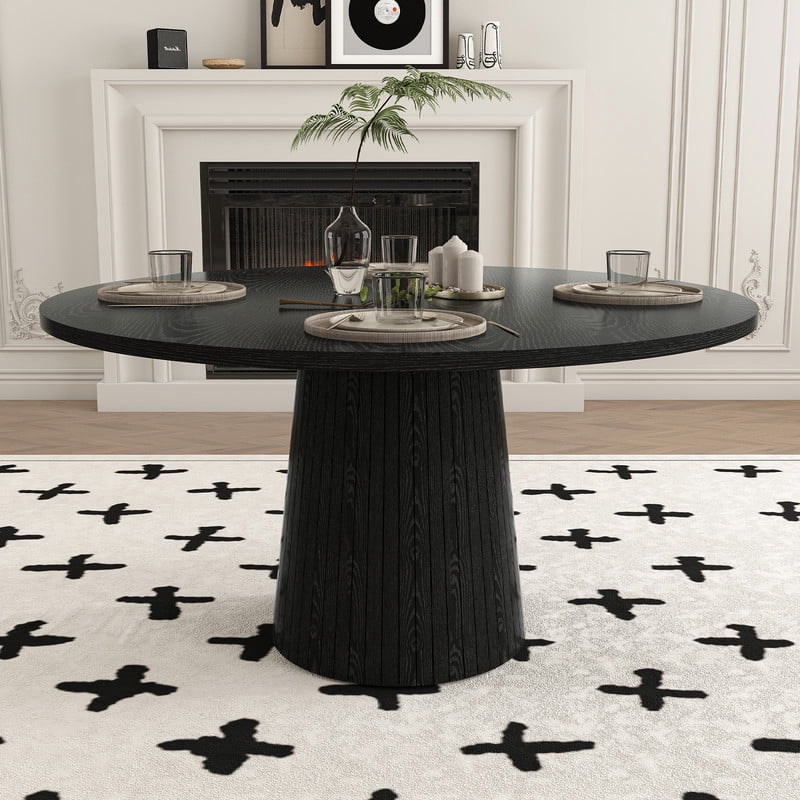 47.2'' Round Large Dining Table for 4, Accent Kitchen Dinner Table with Striped Base, Wood Side Table with Metal Frame