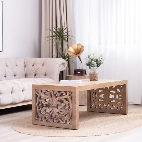 47.2" Rustic Carved Wood Coffee Table Handcrafted Look with Ornate Side Panels, Natural Finish