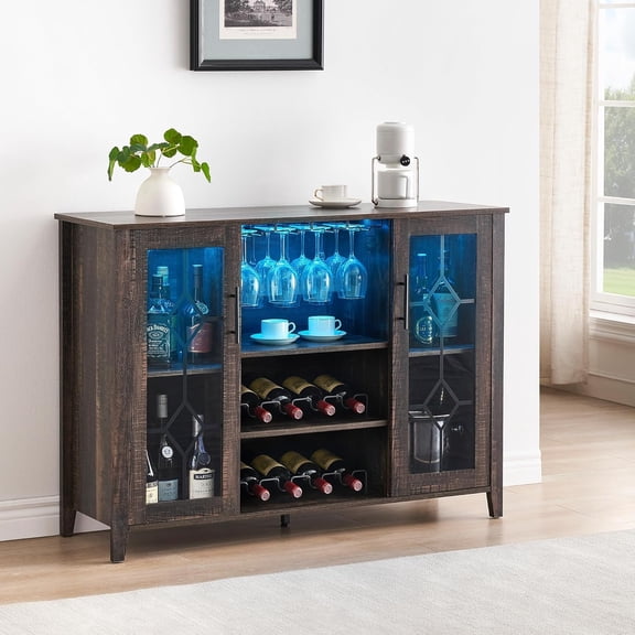 47.2" Rustic Oak Wine Bar Cabinet with LED Light, Liquor & Coffee Buffet Sideboard with Wine Rack, Glass Holder & Adjustable Shelves