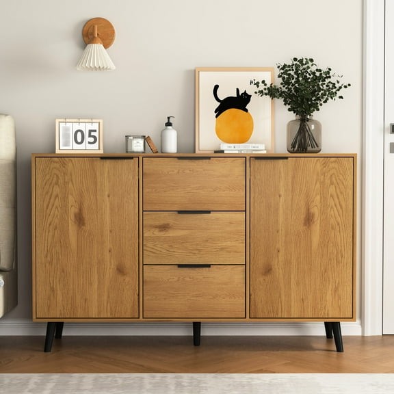 47.2" Sideboard Buffet Cabinet, Kitchen With Abundant Storage Options, 3 Drawers 2 Doors, Natural Wood Color, Strong And Dependable Unit, Cabinetry,