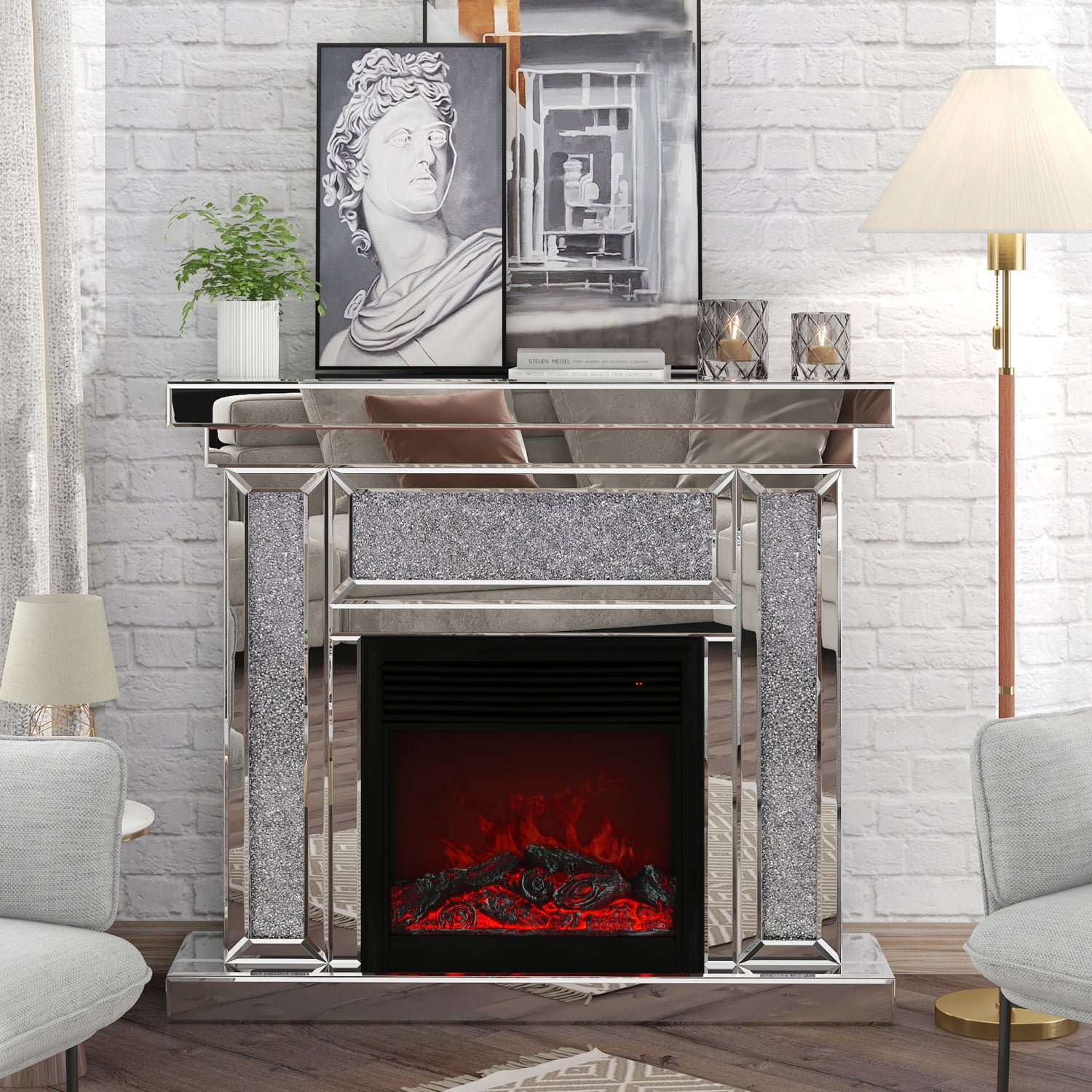 47.2" Silver Acrylic Diamond Mirrored Electric Fireplace Mantelpiece