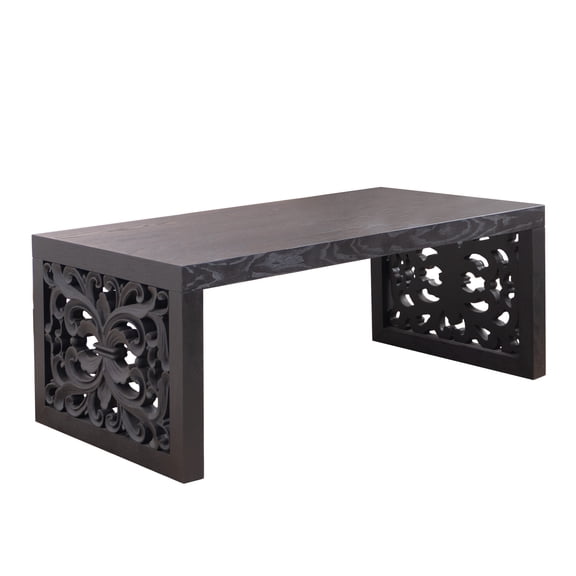 47.2" Solid Black Carved Wood Coffee Table Handcrafted Look with Ornate Side Panels