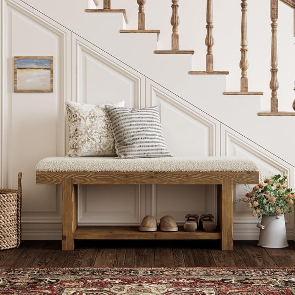 47.2" Solid Wood Entryway Bench, 2-Tier Farmhouse Upholstered Bedroom Bench with Storage Shelf, Narrow Rustic Bench for Bedroom, Entryway, Mudroomn