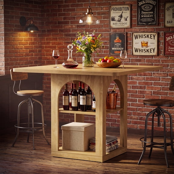 47.2" Square Bar Table with Storage & Arched Panels, Farmhouse Counter Height Pub Table for Kitchen