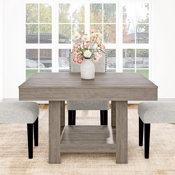47.2" Square Dining Table for 4, Square Kitchen Table with 2-Tier Storage Shelf, Anti-Wobble Triangle Legs, Scratch-Resistant Modern Dinner Table for Apartment, Dining Room