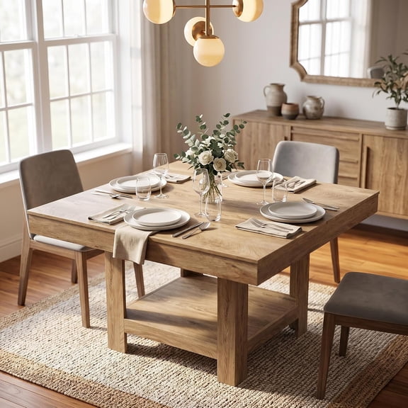 47.2" Square Dining Table with Bottom Storage Shelf, Modern Wood Kitchen Table for 4-6 People, Sturdy Triangle Leg Base,(Table Only)