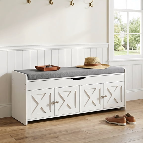 47.2" Storage Bench with Cushioned Seat & Lift-Top,4 Doors,Adjustable Shelf,300 lbs Capacity – Multi-Functional Shoe Rack for Entryway,Bedroom,Living Room,White