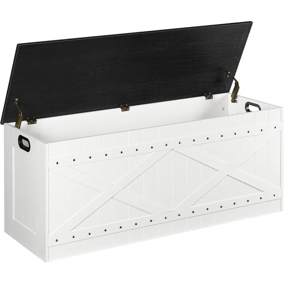 47.2" Storage Chest, Extra Large Toy Box with 2 Safety Hinges, Wooden Toy Chest, Storage Bench with Rivets, Storage Trunk for Bedroom, Living Room, Entryway, White and Black
