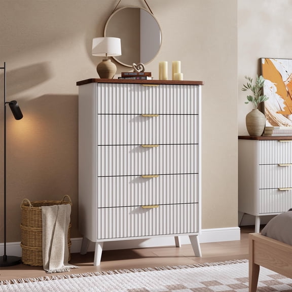47.2" Tall Modern Fluted 5-Drawer Dresser with Curved Profile & Gold Handles, Thickened Black Wooden Storage Chest for Bedroom Living Room - White