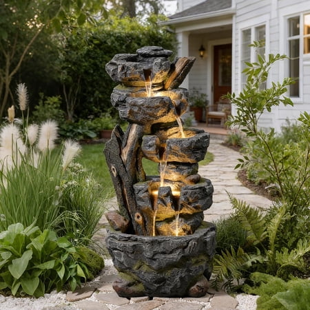 47.2" Tall Outdoor Water Fountain 5-Tier Large Cascading Waterfall Fountain Realistic Rock & Tree Trunk Design with LED Lights, Relaxing Water Flow for Garden, Patio, Backyard & Porch Decor