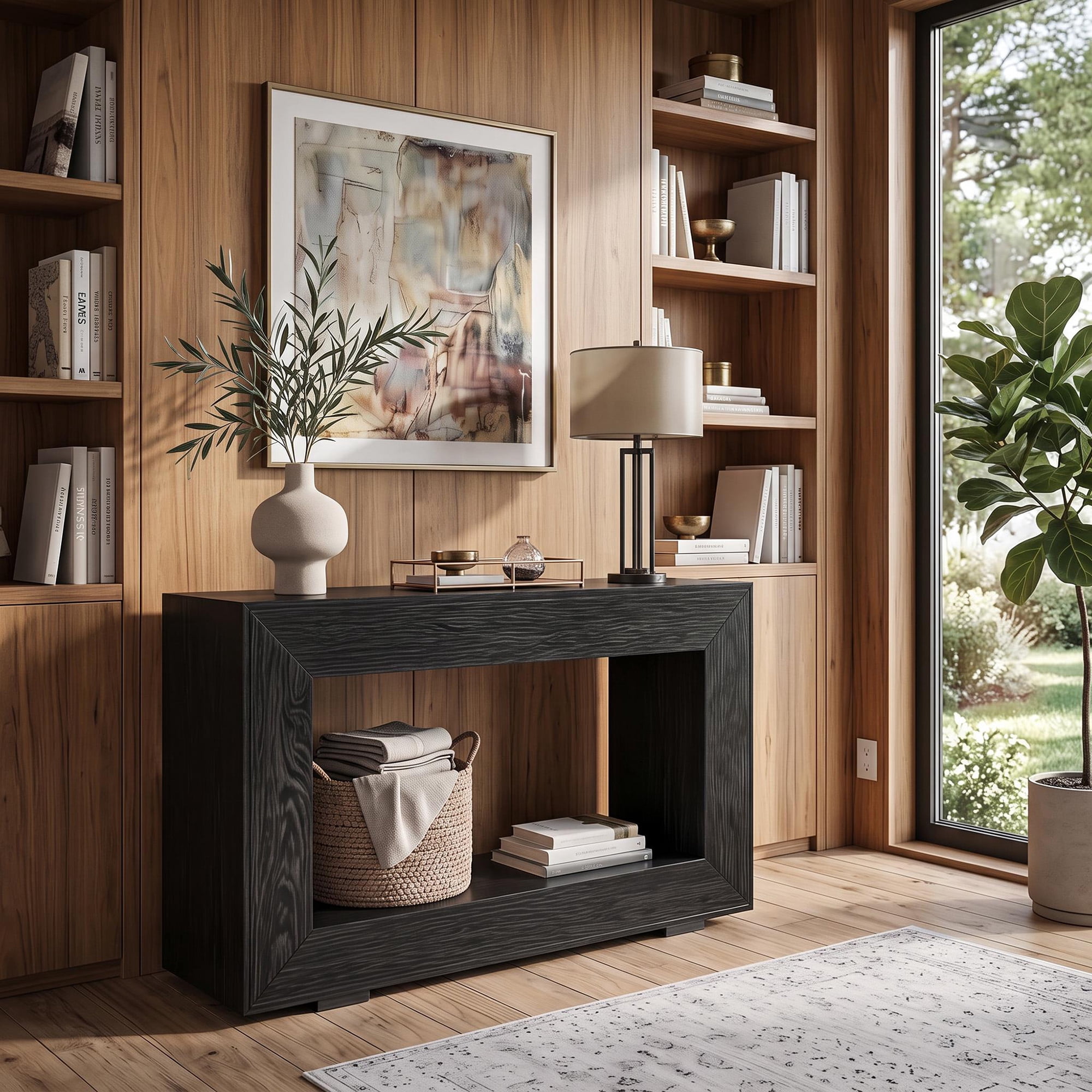47" 2-Tier Farmhouse Console Table with Charging Station, Entryway Sofa Table with Outlets and USB Ports for Living Room, Behind Couch Narrow Hallway Table, Black