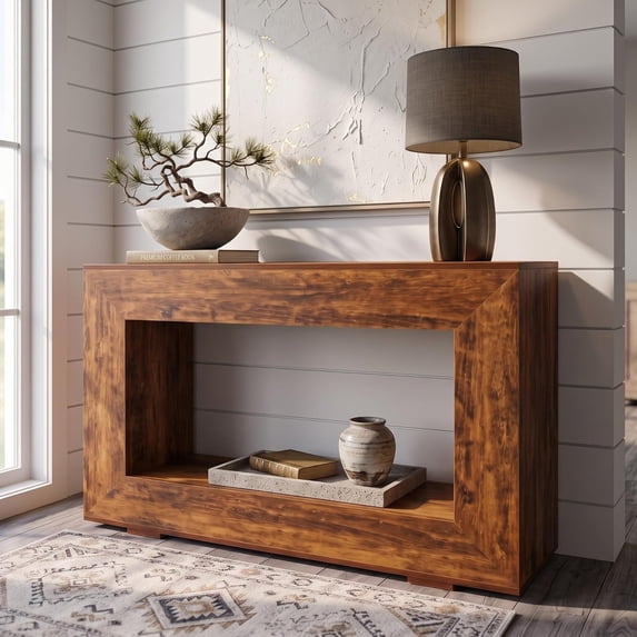 47" 2-Tier Farmhouse Console Table with Charging Station, Entryway Sofa Table with Outlets and USB Ports for Living Room, Behind Couch Narrow Hallway Table, Rustic Brown