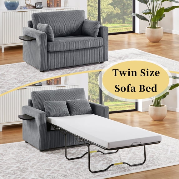47.2" Twin Size Sofa Bed with a Foldable Mattress and Charging Station, Sleeper Sofa Loveseat Sofa with Foldable Side Table and Side Storage Pocket for Living Room, Apartment, Bedroom, Gray
