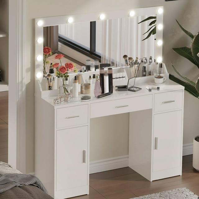 47.2"Vanity Desk with Large Mirror, 3 Colour Lighting Modes, Adjustable Brightness, Dresser with 3 Drawers & 2 Vertical Cabinets, Makeup Vanity Table for Women & Girls