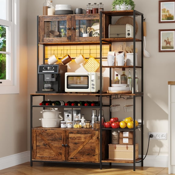 47.2" W Large Kitchen Baker's Rack with Power Outlet & LED Light, 67" Tall Farmhouse Coffee Bar Bakers Rack, Kitchen Microwave Stand w/ Wine Rack, Glass Cabinet, Iron Mesh & Hooks