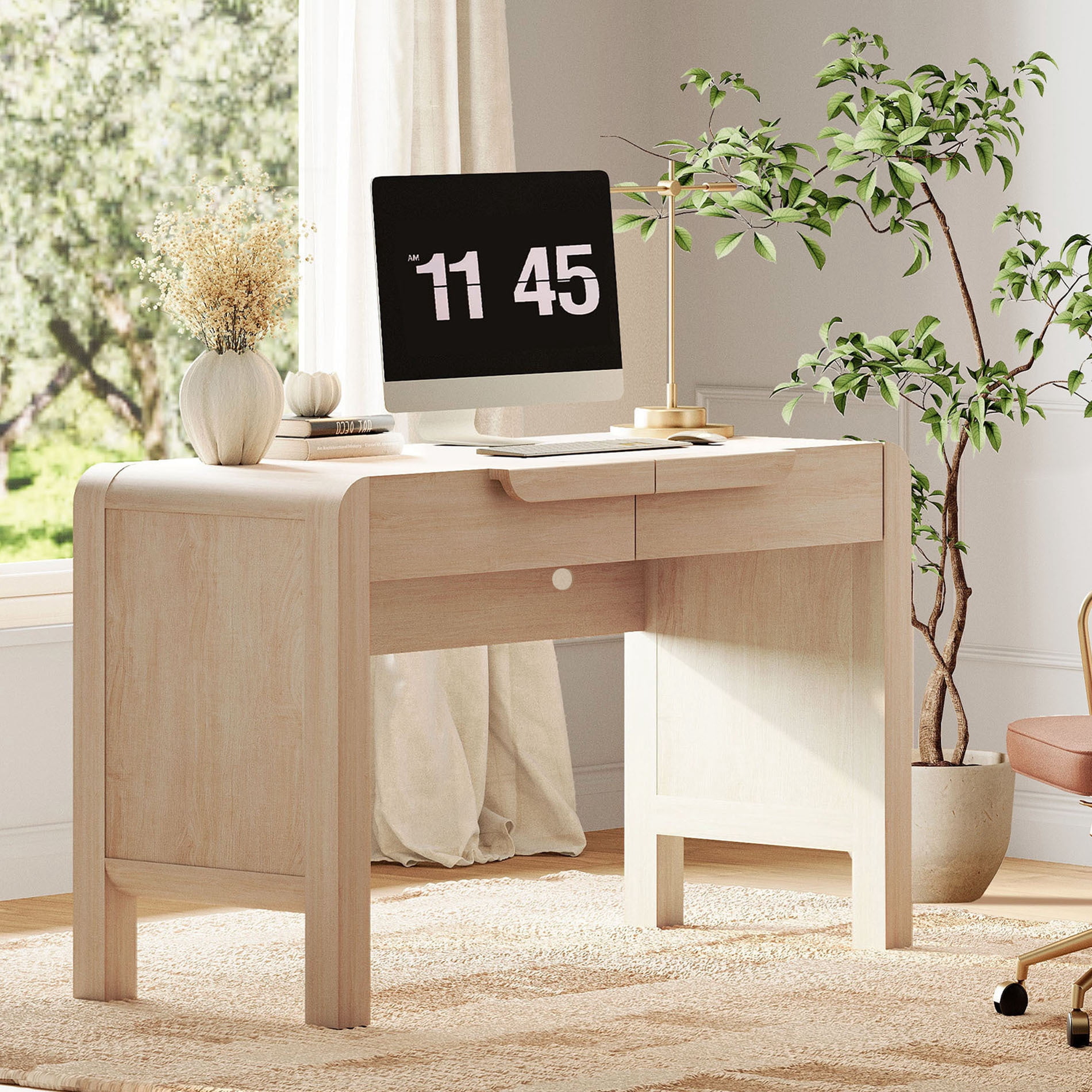 47.2”W Mid-century Modern Curved Waterfall Writing Desk With 2 Drawers，Wood Computer Desk With Charging Station, Standing Desk For Home Office