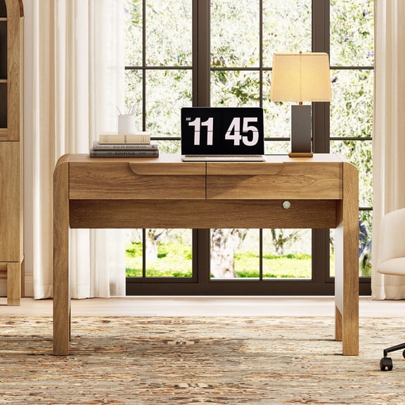 47.2”W Mid-century Modern Curved Waterfall Writing Desk With 2 Drawers,Wood Computer Desk With Charging Station, Standing Desk For Home Office