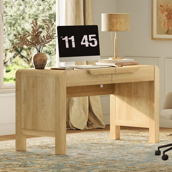 47.2”W Mid-century Modern Curved Waterfall Writing Desk With 2 Drawers，Wood Computer Desk With Charging Station, Standing Desk For Home Office
