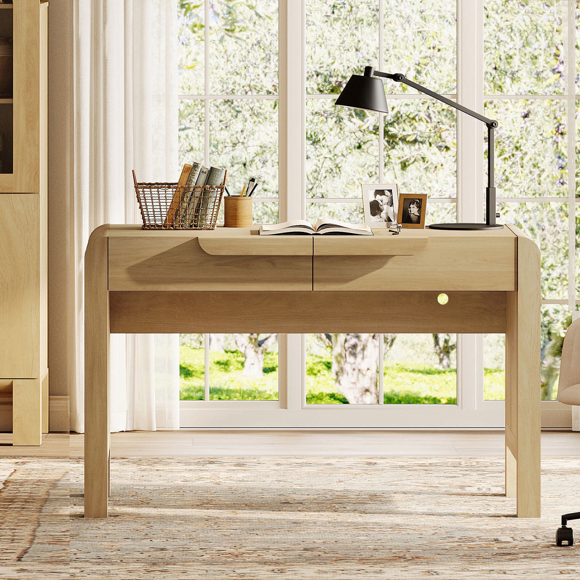 47.2”W Mid-century Modern Curved Waterfall Writing Desk With 2 Drawers，Wood Computer Desk With Charging Station, Standing Desk For Home Office