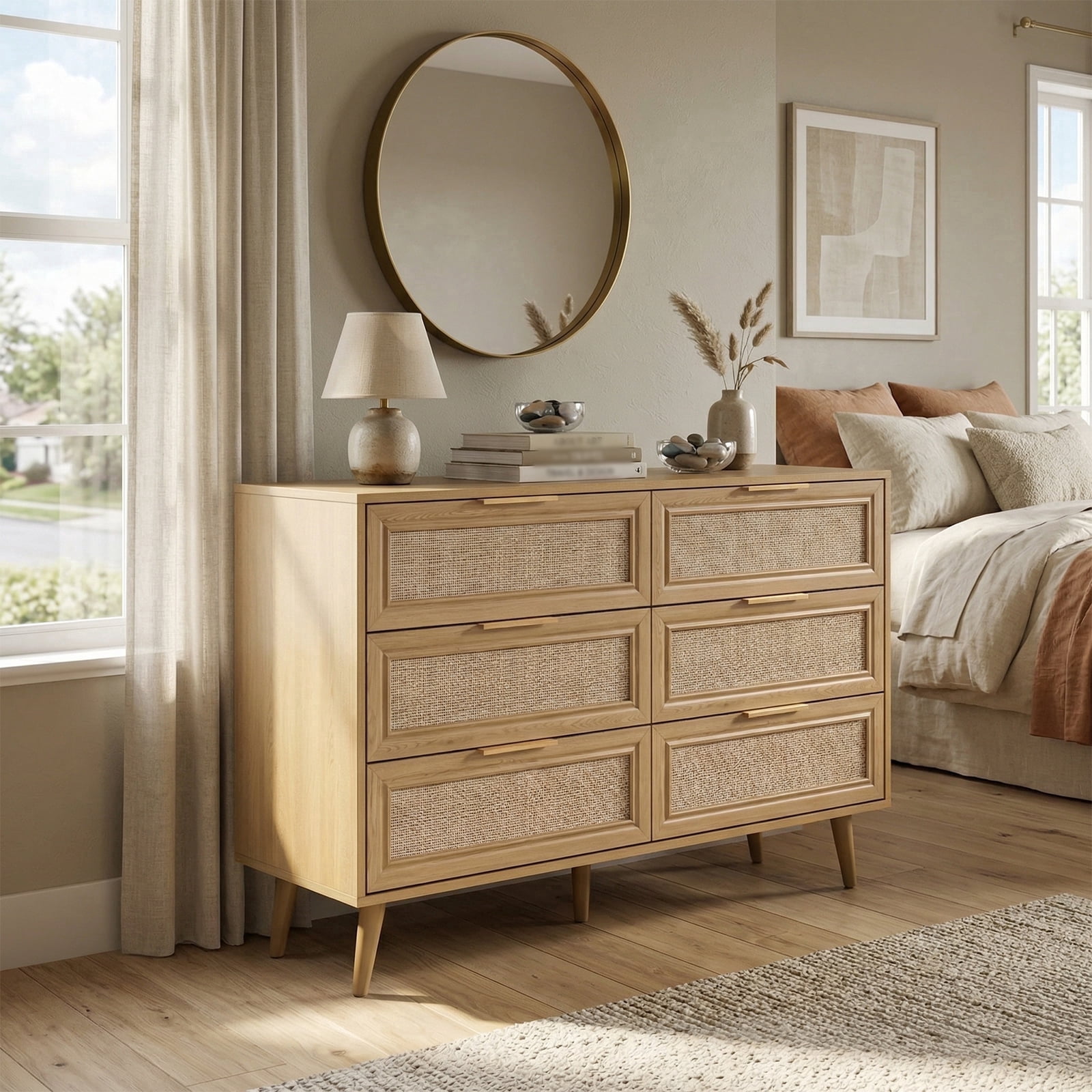 47.2"W Rattan 6 Dresser for Bedroom, Double Wooden Dressers Large Chest of Drawers with Golden Handles,Rattan Buffet Sideboard