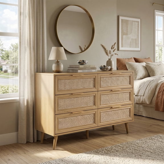 47.2"W Rattan 6 Dresser for Bedroom, Double Wooden Dressers Large Chest of Drawers with Golden Handles,Rattan Buffet Sideboard