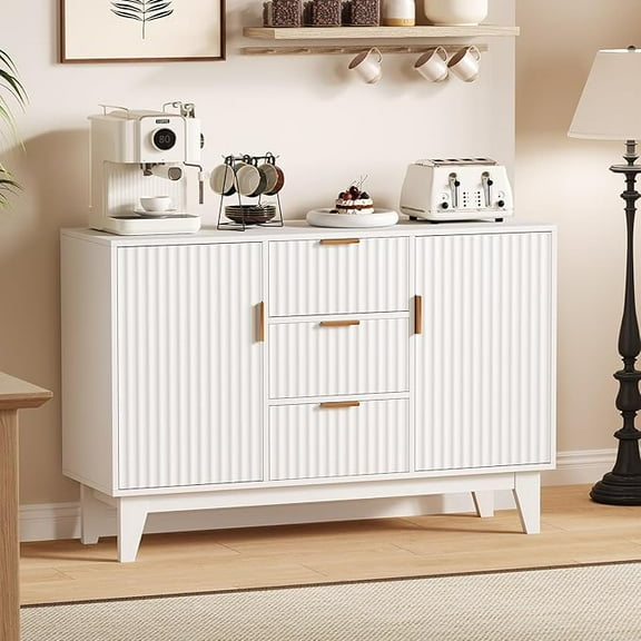 47.2" W Storage Cabinet with 3 Drawers, Fluted Buffet Cabinets with Storage, Large Sideboard with 2 Door, Modern Mid Century TV Stand Coffee Bar Furniture for Living Room, Kitchen, Entryway