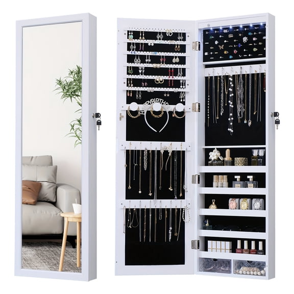 47.2"Wall/Door Mount Jewelry Organizer And Storage LED Lighted Jewelry Cabinet Armoire With Lockable Full-Length Mirror Jewelry Storage Over The Door, Jewelry Armoires