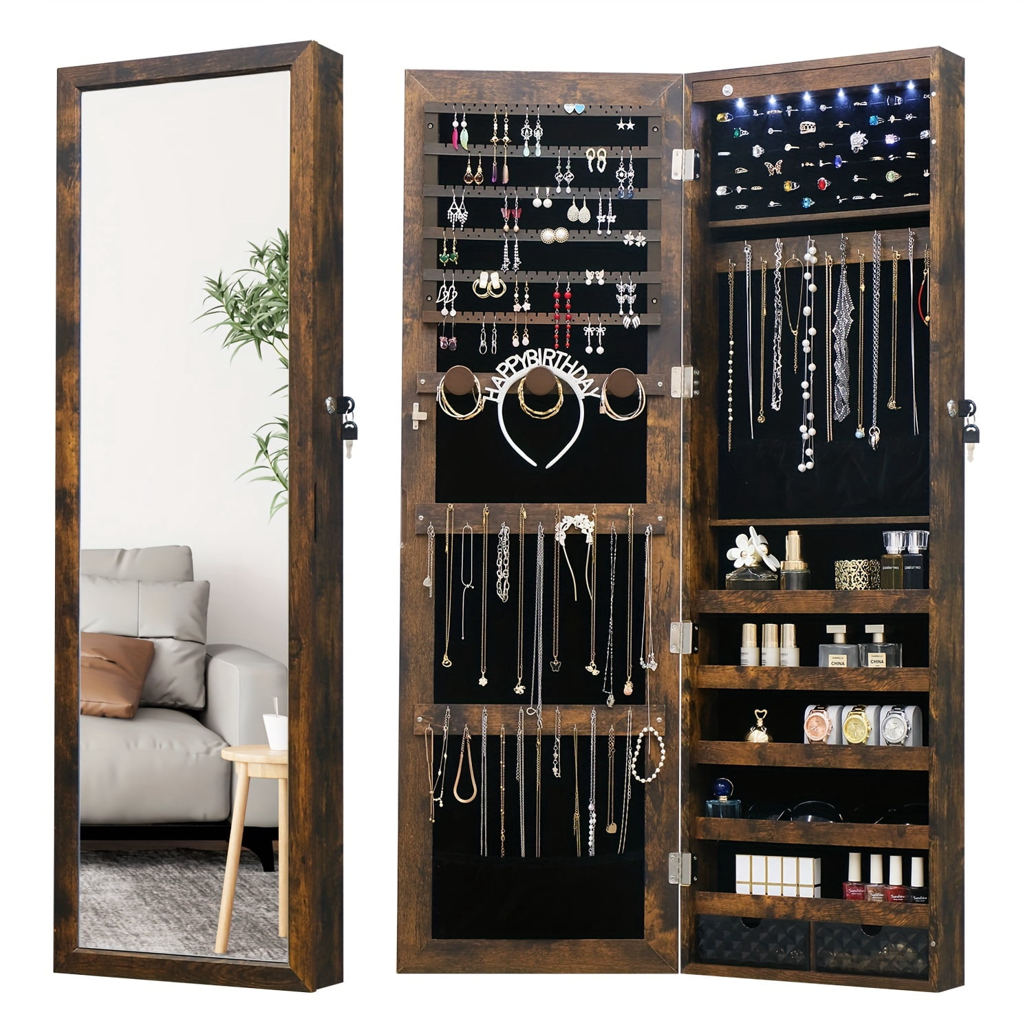 47.2"Wall/Door Mount Jewelry Organizer And Storage LED Lighted Jewelry