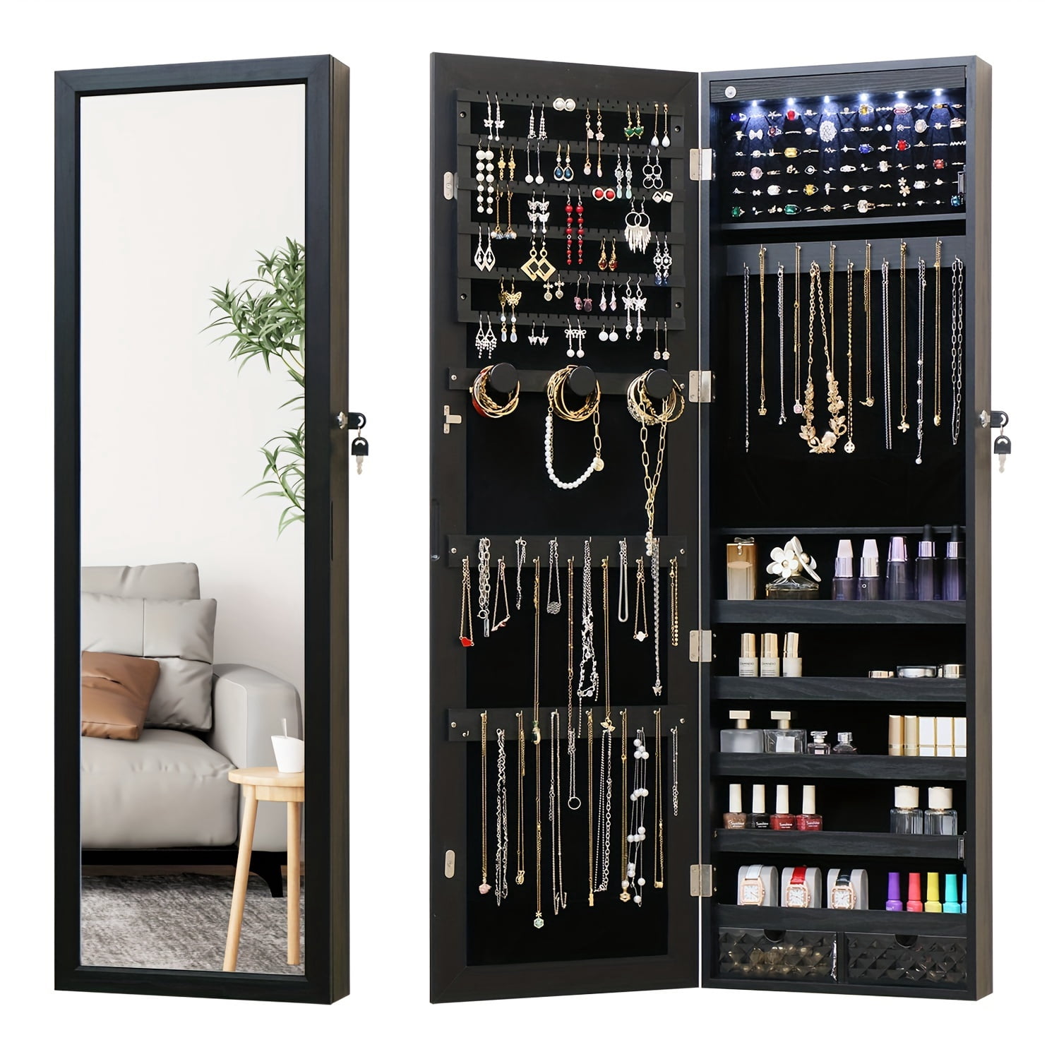 47.2"Wall/Door Mount Jewelry Organizer And Storage LED Lighted Jewelry
