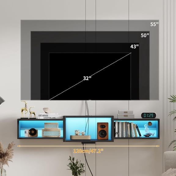 47.2'' Wall-Mounted Floating TV Stand with LED Lighting, Modern Wooden Media Console Shelf Featuring Built-in USB Ports and Electrical Outlets. Under-TV Storage for Living Room, Bedroom