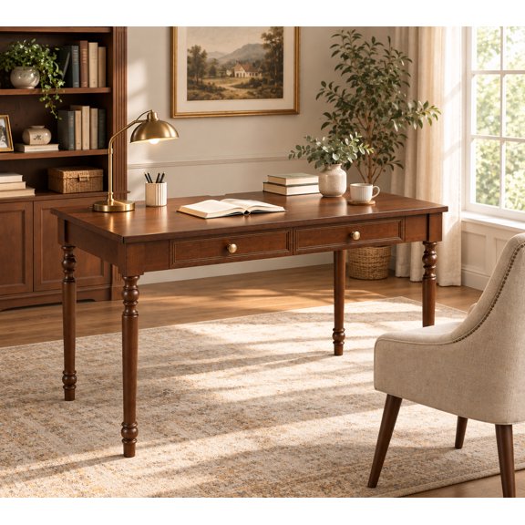 47.2" Walnut Solid Wood Writing Desk with Drawers, French Country