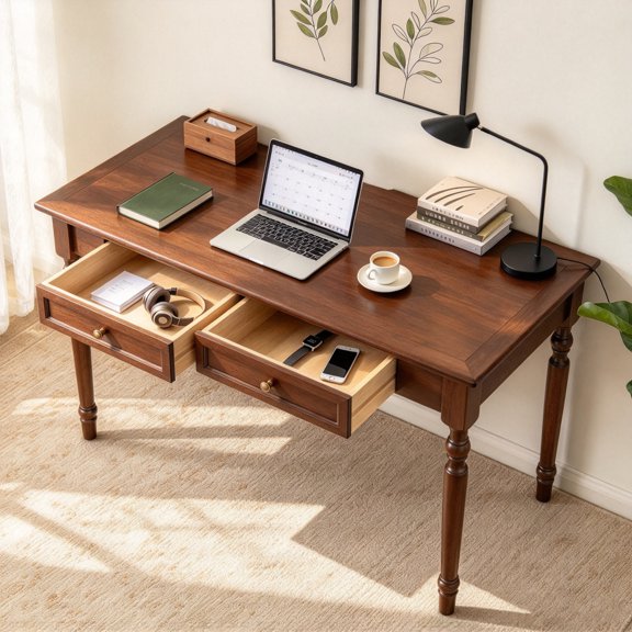 47.2" Walnut Solid Wood Writing Desk with Drawers, French Country